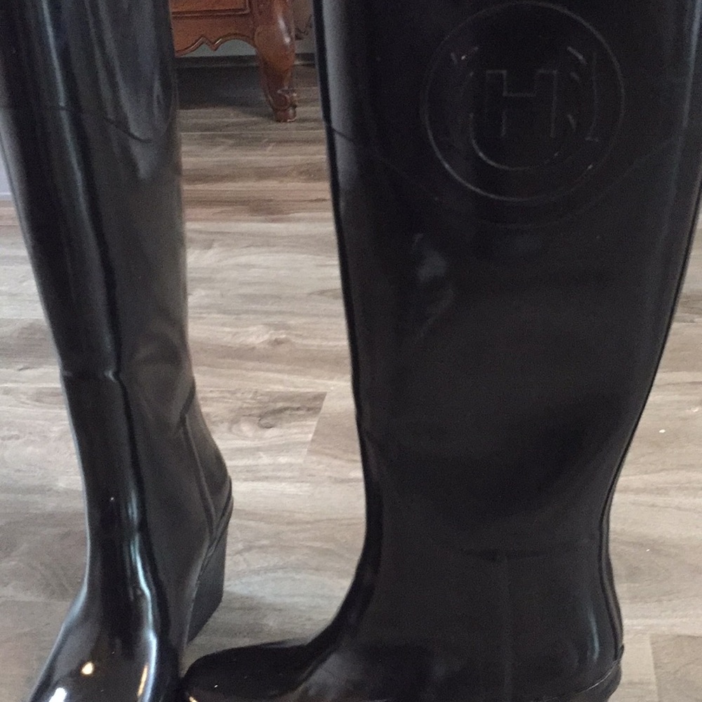 Hunter Black Wedge Heel Rain Boots